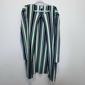 Chicos Travelers Pleated Tunic Jacket Topper Sz 4 US 20 Blue Green Striped Open